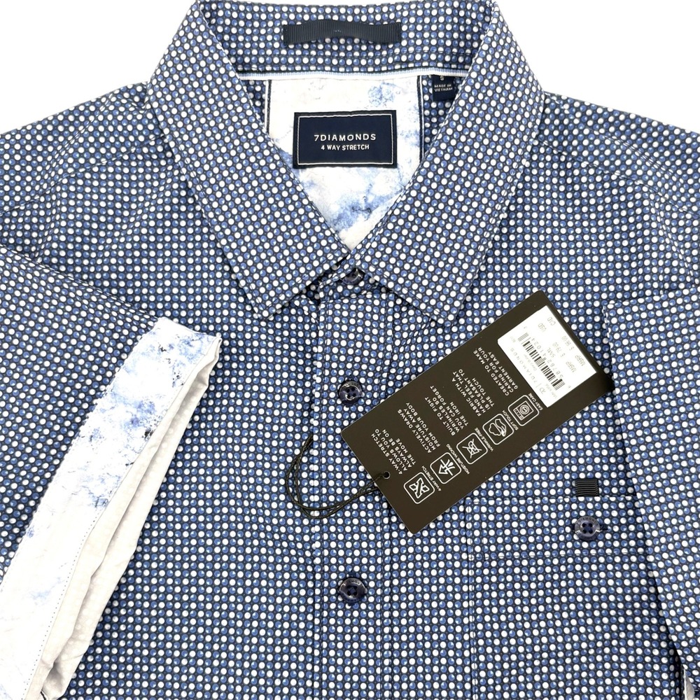 7Diamonds Deep Water Blue Polka Dot 4-Way Stretch Short Sleeve Shirt Mens S NEW